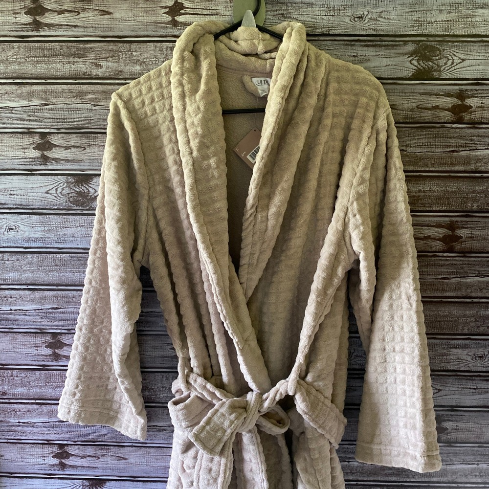 Ulta‎ Beauty Women's Robe Size L/XL Gray Waffle Texture Pockets Tie NWT
